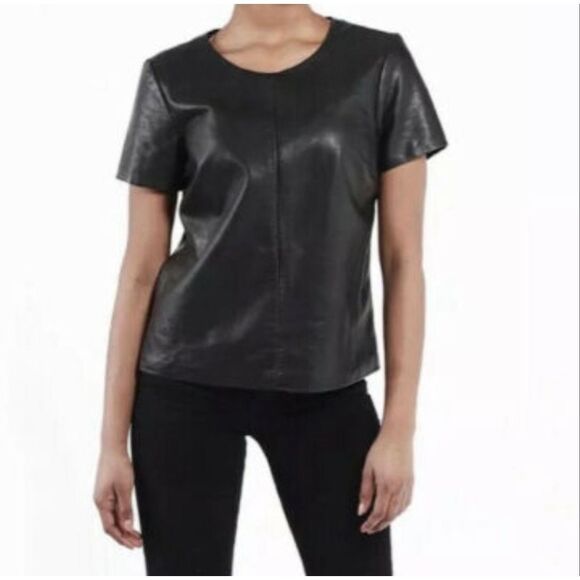 Express Women’s Small Minus the Leather Black Faux Leather Short Sleeve Top NEW - Picture 1 of 8